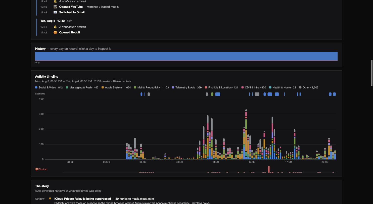 DNSight activity timeline: 7,163 DNS lookups from one iPhone over 24 hours, in ten-minute buckets, stacked by category, with session marks above and blocked lookups below.